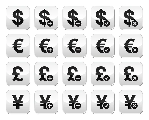 Munt uitwisseling knoppen set - dollar, euro, yen, pond — Stockvector