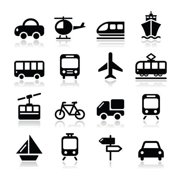 Транспорт, векторные иконки перемещения, установленные на белом
