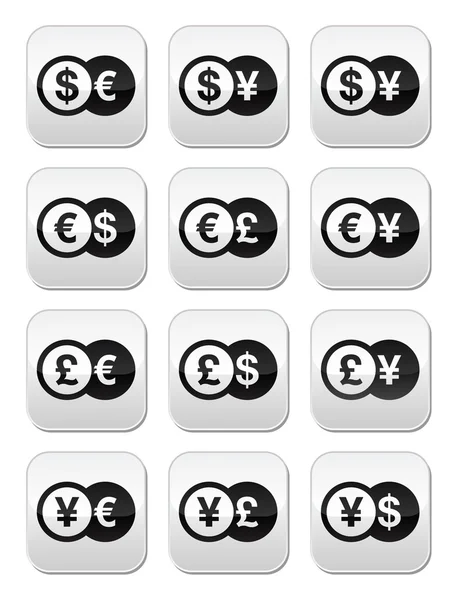 Jogo de botões de moeda de câmbio - dólar, euro, iene, libra —  Vetores de Stock