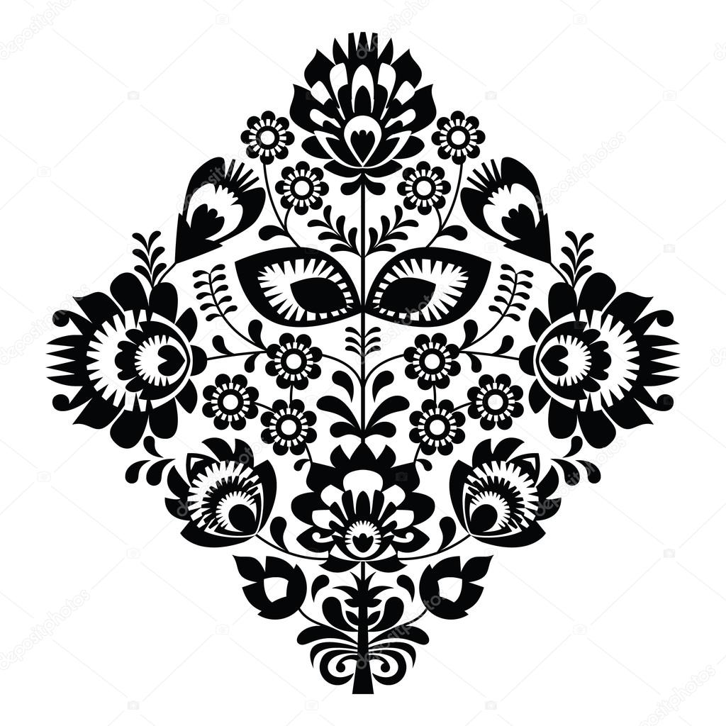 Folk embroidery with flowers - traditional polish pattern in monochrome