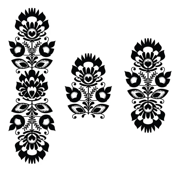 Broderie folklorique - motif floral traditionnel poli en noir et blanc — Image vectorielle