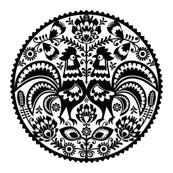 Broderie florale polonaise aux coqs - motif folklorique traditionnel monochrome — Image vectorielle