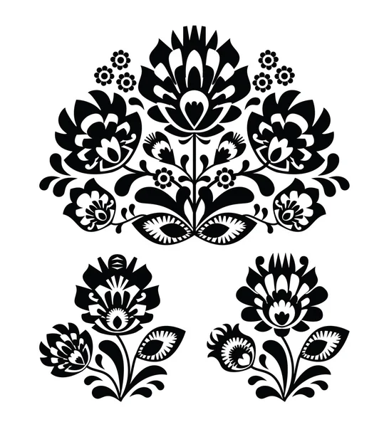 Bordado folclórico con flores - patrón polaco tradicional en monocromo — Vector de stock