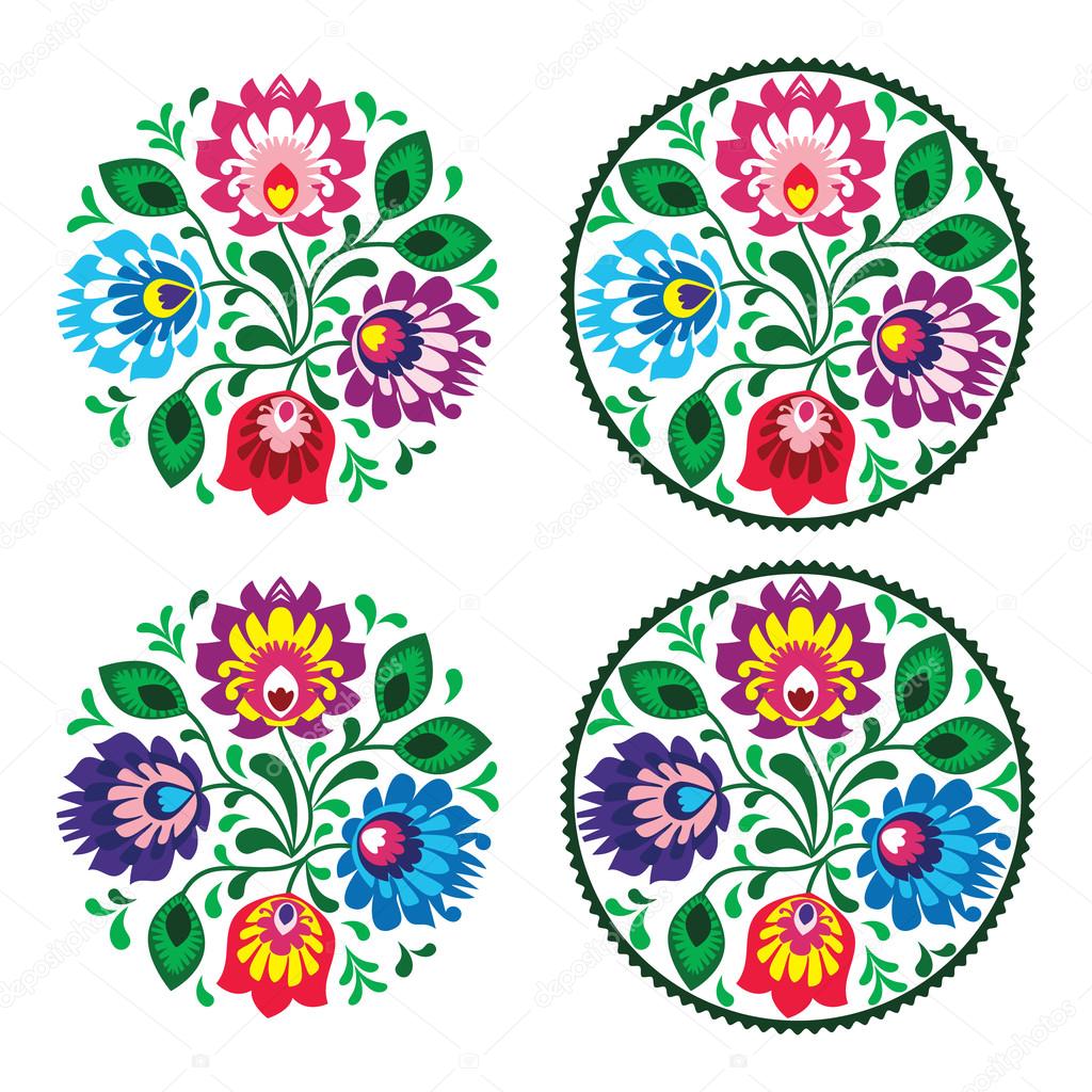 Ethnic round embroidery with flowers - traditional vintage pattern from Poland