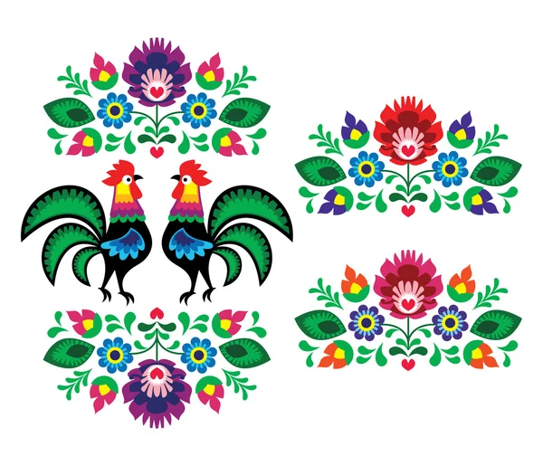 Polish ethnic floral embroidery with roosters - traditional folk pattern — Stock Vector