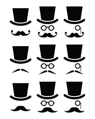 Mustache or moustache with hat and glasses icons set vector