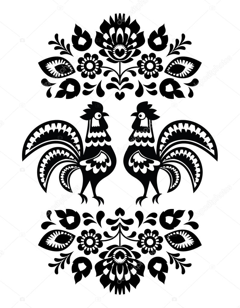 Polish ethnic floral embroidery with roosters in black and white
