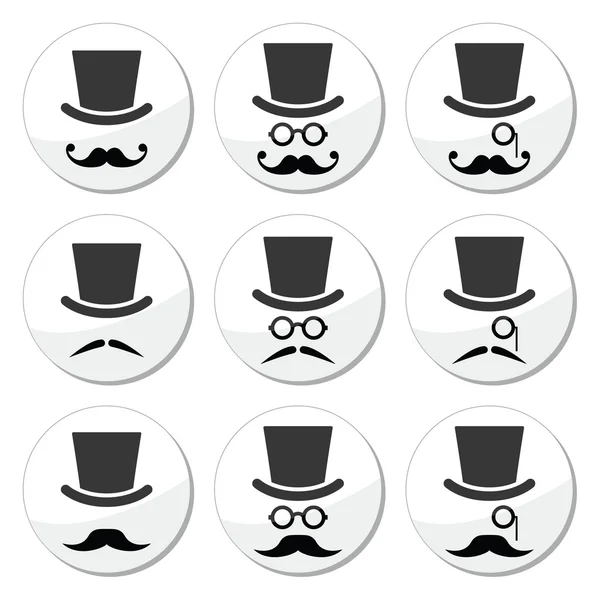 Mustache or moustache with hat and glasses icons set — Stock Vector