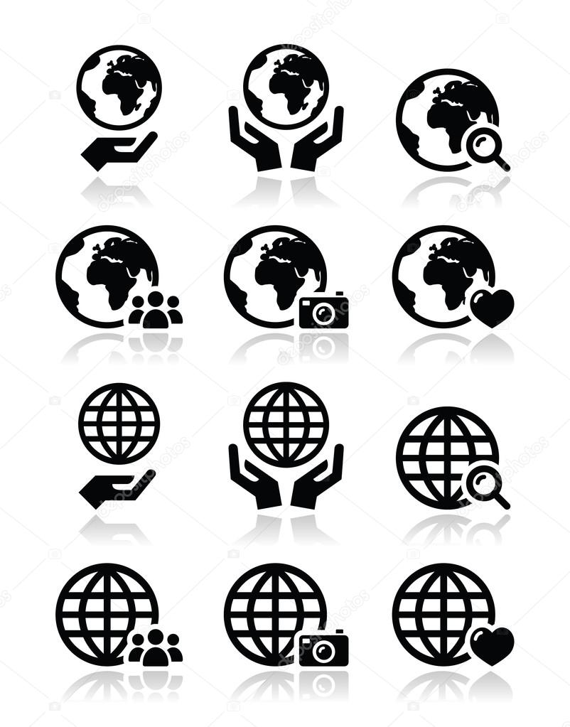 Globe earth with hands vector icons set with reflection