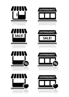tek dükkan, mağaza, süpermarket vector Icons set