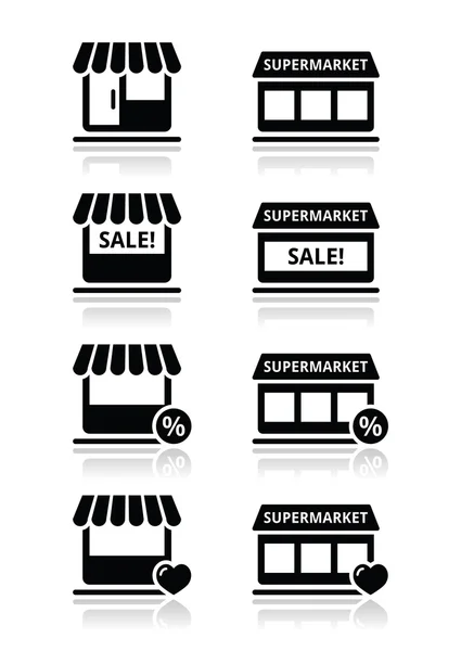 Única loja, loja, conjunto de ícones vetoriais de supermercado — Vetor de Stock