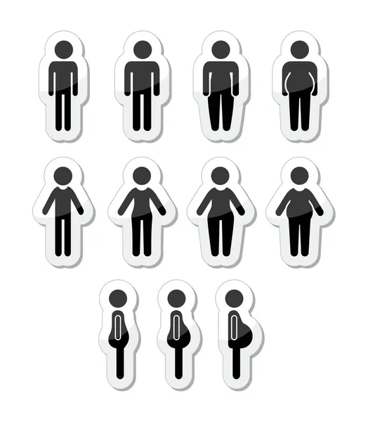 Hombres y mujeres iconos del cuerpo delgado, gordo, obeso, delgado — Vector de stock