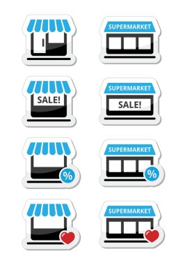 tek dükkan, mağaza, süpermarket vector Icons set