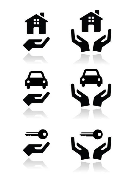 Accueil, voiture, clés avec mains icônes ensemble — Image vectorielle