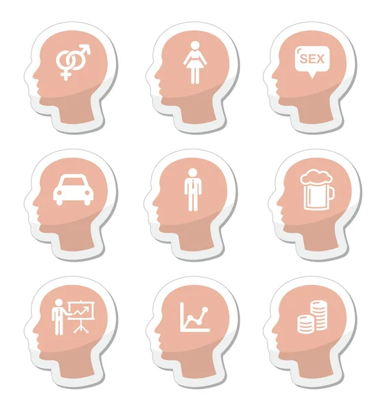 Cabeza, hombre pensamientos vector iconos conjunto — Vector de stock