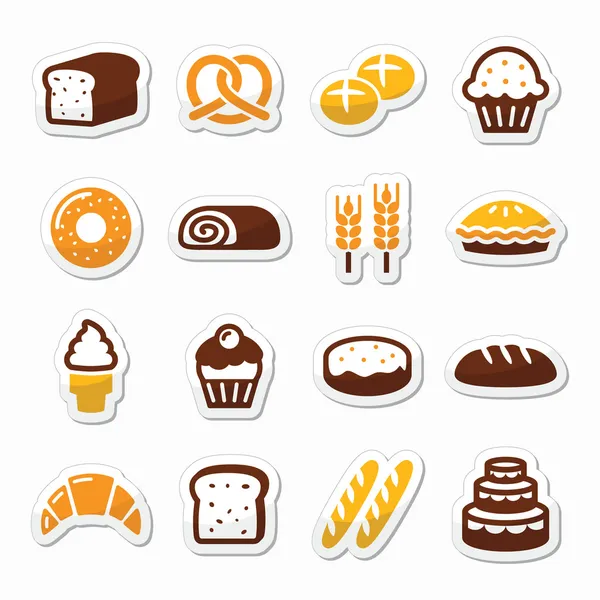 Bakkerij, patisserie iconen set - brood, taart, donut cupcake — Stockvector