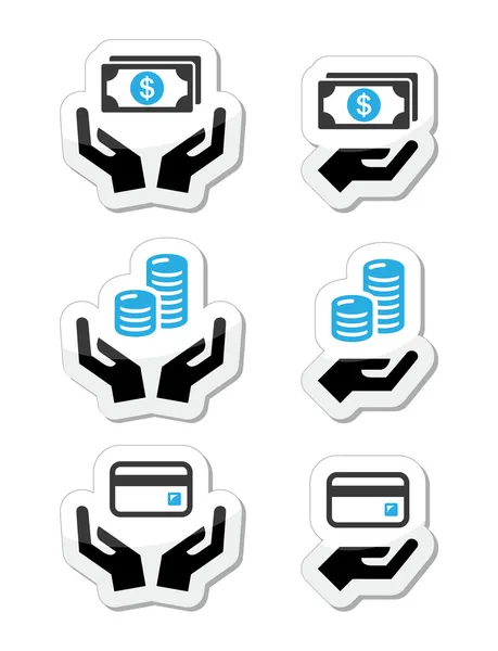 Mani con denaro, monete set icone vettoriali — Vettoriale Stock
