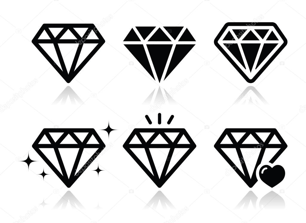 Jewelery, diamond black icons set with reflection isolated on white