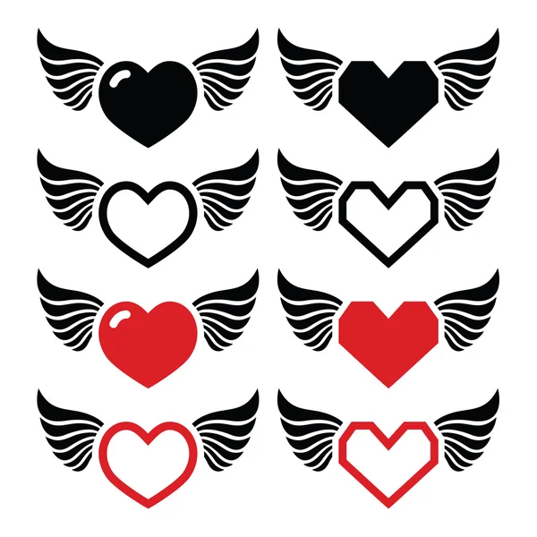 Heart with wings icons set — Stock Vector