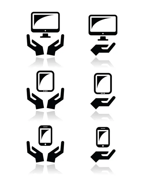 Τα χέρια με υπολογιστή, δισκίο, κινητό ή κινητό εικόνες — Διανυσματικό Αρχείο