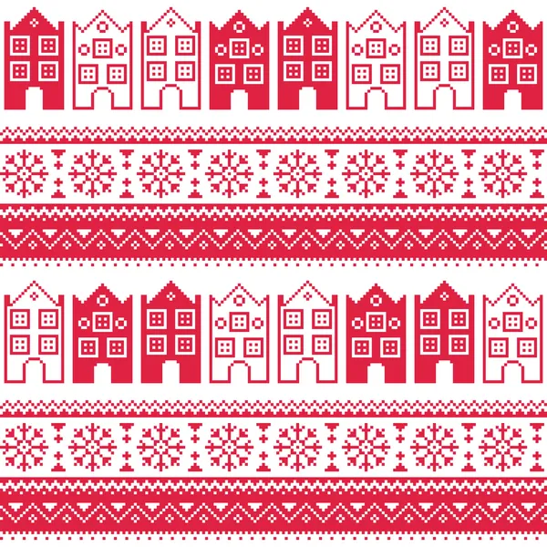 Christmas knitted seamless pattern with town houses, adn snowflakes — Stock Vector
