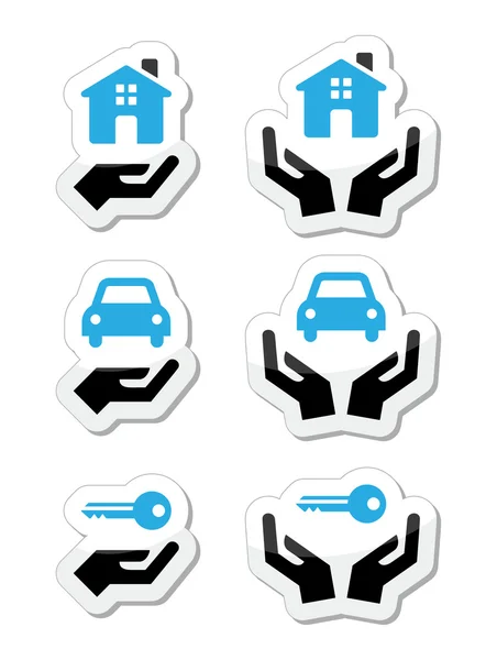 Home, car, keys with hands icons set — Stock Vector