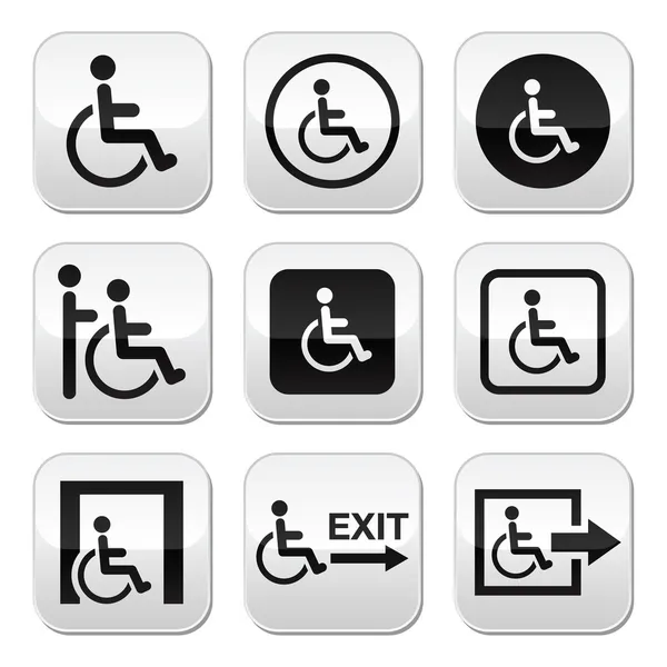 Hombre en silla de ruedas, discapacitado, botones de salida de emergencia — Vector de stock