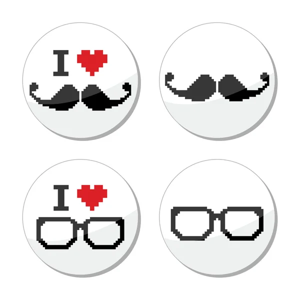 我爱眼镜和小胡子或小胡子的图标设置 — 图库矢量图片