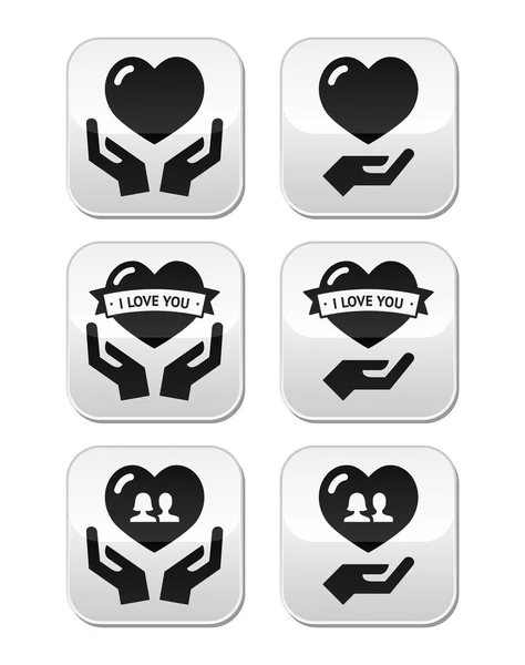 Manos con corazón, amor, conjunto de botones de relación — Vector de stock