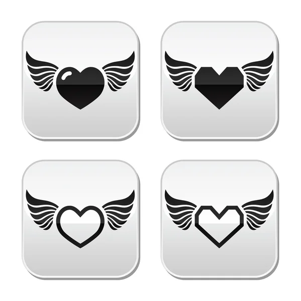 Heart with wings buttons set — Stock Vector