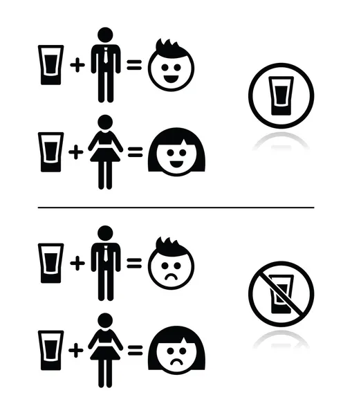 Personas bebiendo alcohol - triste y feliz conjunto de iconos de la cara — Vector de stock