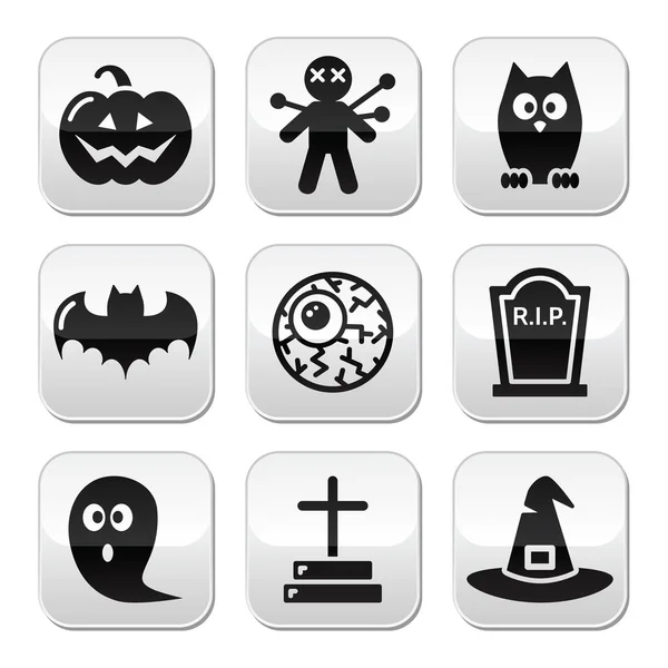 Набор кнопок на Хэллоуин - тыква, ведьма, призрак, могила — стоковый вектор