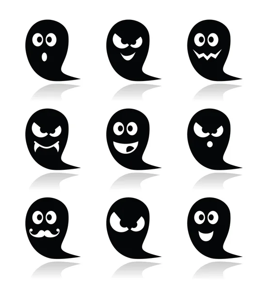 Conjunto de ícones de vetor fantasma de Halloween assustador, amigável, feliz — Vetor de Stock