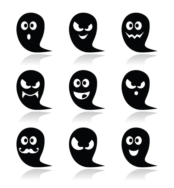 Halloween ghost vector ikoner set - skrämmande, vänlig, glad — Stock vektor