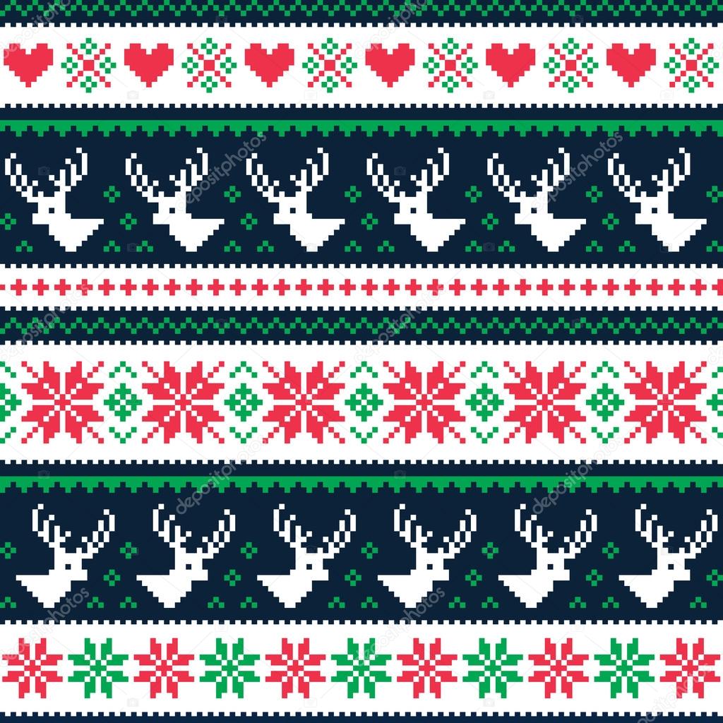 Scandynavian winter seamless pattern with deer and hearts