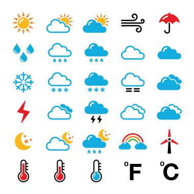 Weather forecast colorful vector icons set clipart