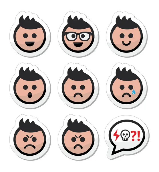 Man or boy with spiky hair faces icons set Stock Vector
