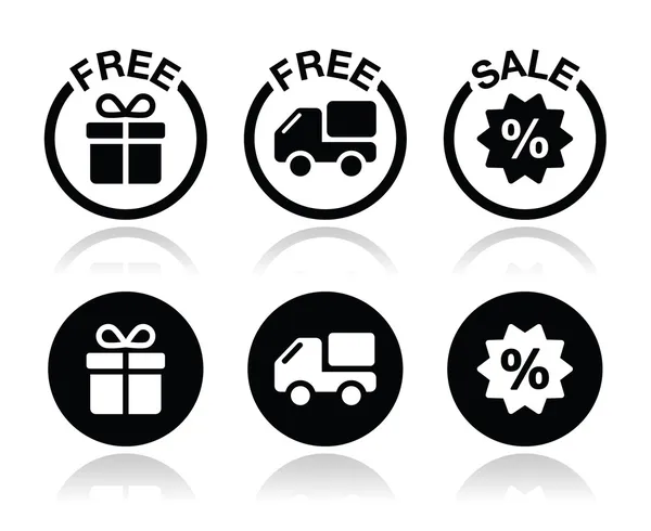 Regalo gratuito, entrega gratuita, conjunto de iconos de venta — Vector de stock