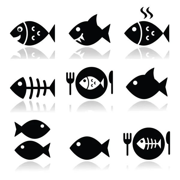Peces, peces en plato, esqueleto iconos vecotores — Vector de stock