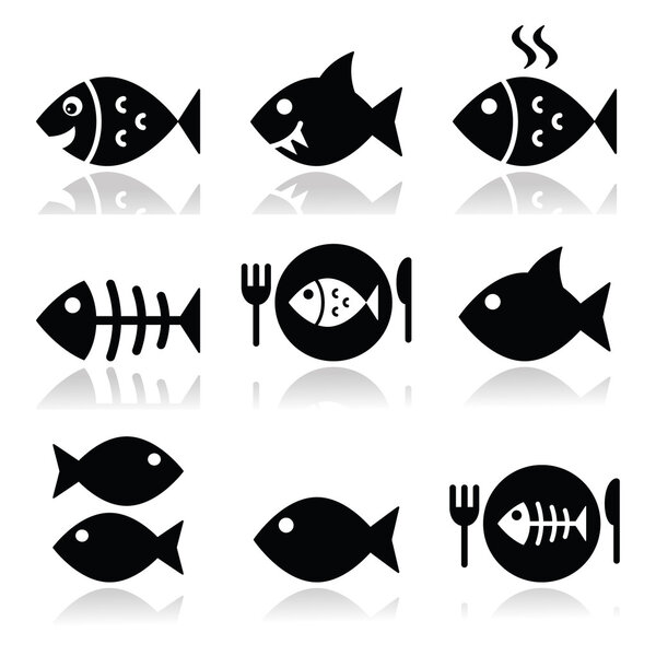 Рыба, рыба на тарелке, скелетные векторные иконы
