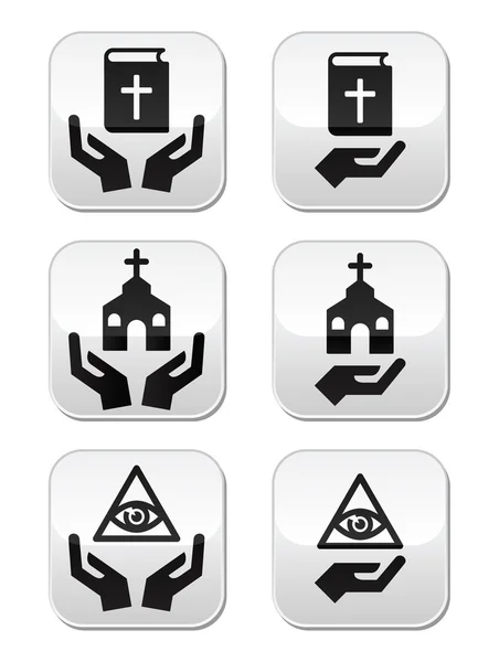 Religionsknöpfe - Hände mit Bibel, Kirche, Auge Gottes — Stockvektor