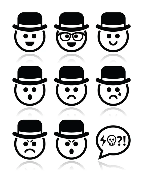 Homme en chapeau visages vectoriels icônes ensemble — Image vectorielle