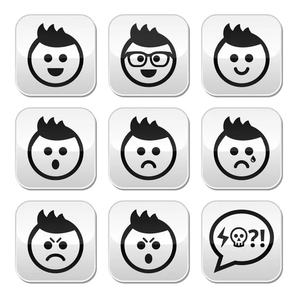 Man or boy with spiky hair faces buttons set — Stock Vector