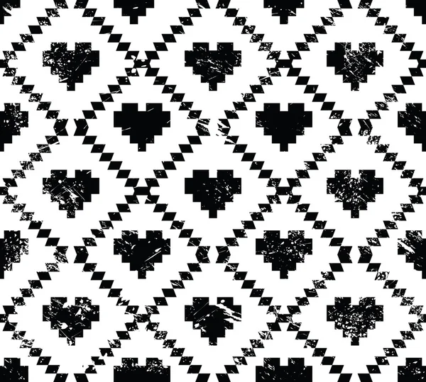 Seamless aztec tribal pattern with hearts - grunge, retro style — Stock Vector