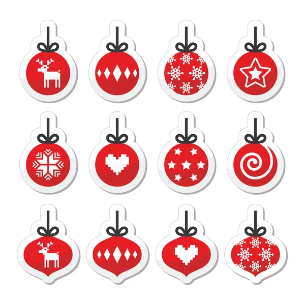 Karácsonyi bál, karácsonyi csecsebecse piros vektoros ikonok beállítása — Stock Vector
