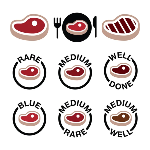 Filete - medio, raro, bien hecho, conjunto de iconos a la parrilla — Vector de stock