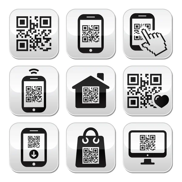 QR code op mobiele of mobiele telefoon knoppen set — Stockvector