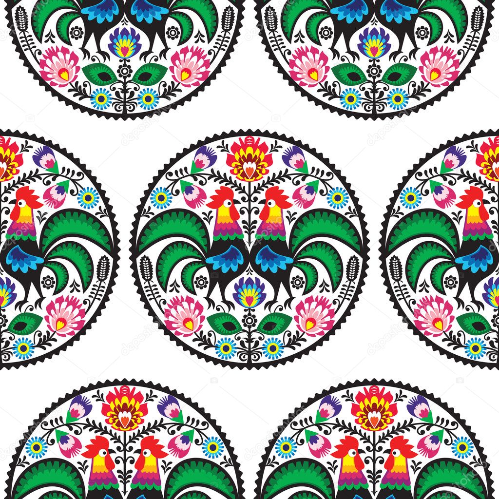Seamless Polish floral pattern with roosters
