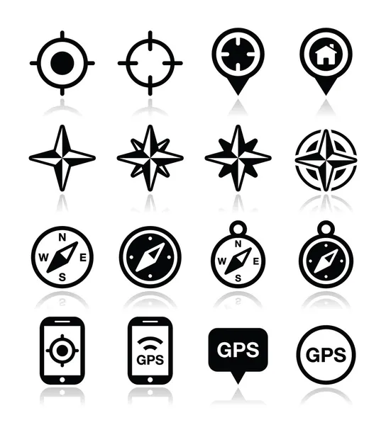 Navegación GPS, rosa de viento, conjunto de iconos de brújula — Vector de stock