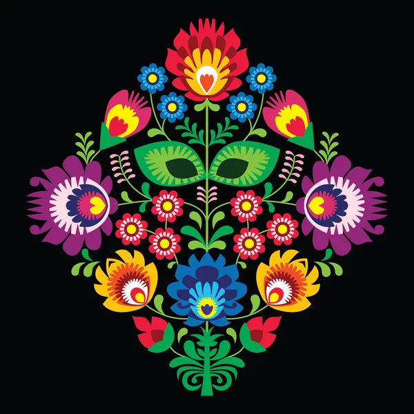 Folk embroidery with flowers - traditional polish pattern on black background — Stock Vector